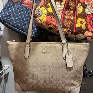 Coach Beige Signature Canvas Tote with Leather Trim